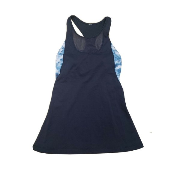 Lululemon 4 Tank Top Yoga Gym Running Navy Blue Cloud Graphic Sides Vent Racer - Picture 1 of 7
